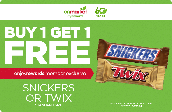 Buy 1 get 1 free snickers or twix (standard size)
