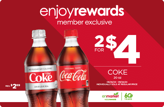 2 for $4 Coke 12oz with Enjoy Rewards. Individually sold at regular price.