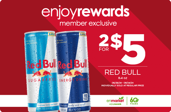 2 for $5 Red Bull 8.4oz with Enjoy Rewards. Individually sold at regular price.