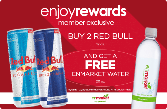 Buy 2 Red Bull 12oz & Get a Free 20oz Enmarket Water with Enjoy Rewards