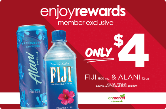 Fiji 500ml & Alani 12oz Only $4 with Enjoy Rewards.