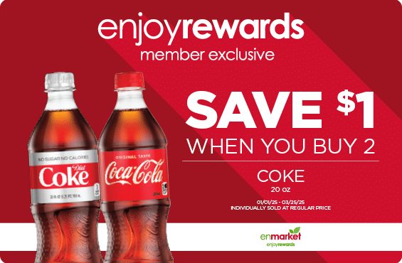 Save $1 When You Buy 2 Coke 20oz with Enjoy Rewards.