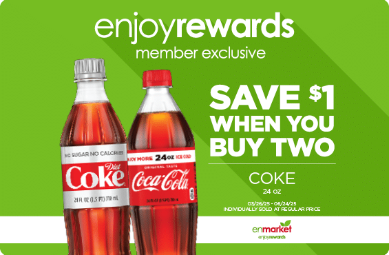 Save $1 When You Buy 2 Coke 24oz with Enjoy Rewards