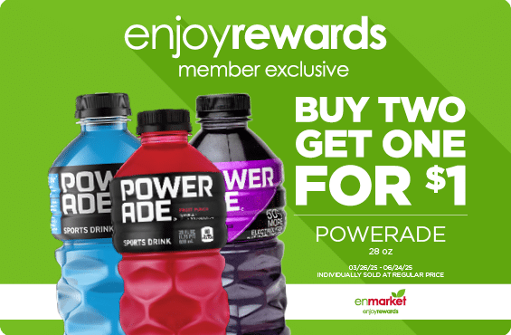 Buy 2 Get 1 For $1 Powerade 28oz with Enjoy Rewards