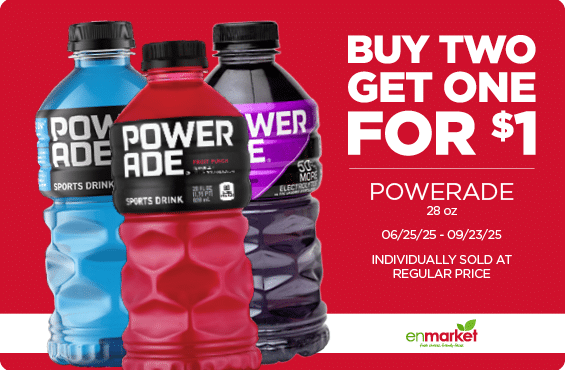 Buy 2 Get 1 for $1 Powerade 28oz (with Enjoy Rewards)