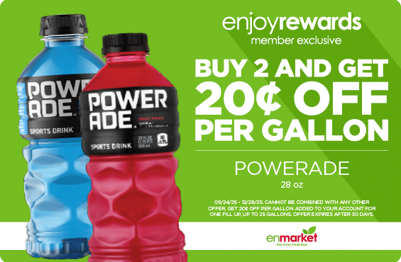 Buy 2 Get 20¢ Off Per Gallon Powerade 28oz (with Enjoy Rewards)