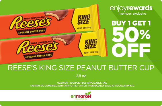 Buy 1 Get 1 50% Off Reese's King Size Peanut Butter Cup 2.8oz (with Enjoy Rewards)