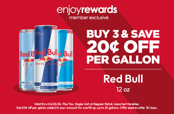 Buy 3 Get 20¢ Off Per Gallon Red Bull 8.4oz (with Enjoy Rewards)