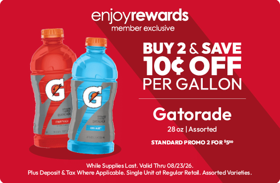 Buy 2 Get 10¢ Off Per Gallon Gatorade 28oz (with Enjoy Rewards)