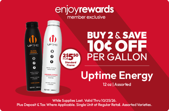 Buy 2 Get 10¢ Off Per Gallon 2/$5.50 Uptime Energy 12oz (with Enjoy Rewards)