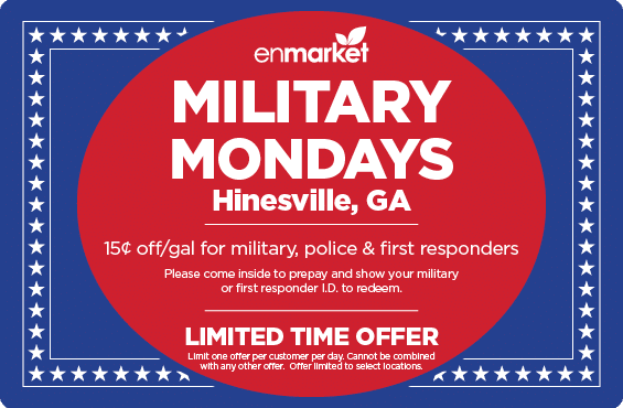 15¢ off/gal for military, police and first responders.